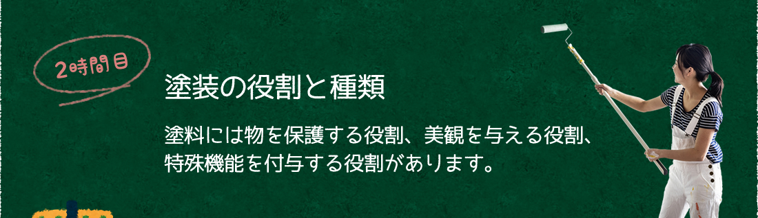 2時間目:塗装の役割と種類|塗料には物を保護する役割、美観を与える役割、特殊機能を付与する役割があります。